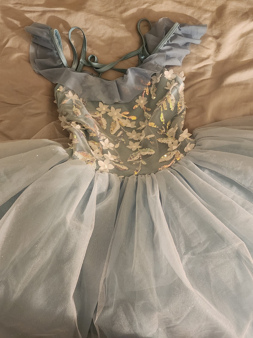 Weissman Dusty Blue Floral Sequin Tulle Dress